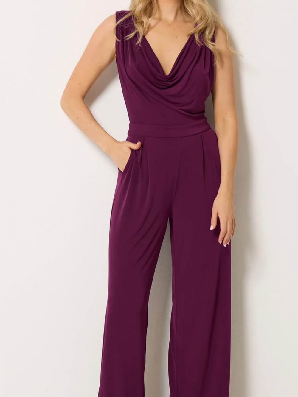 long tall sally Sleeveless Cowl-Neck Wide-Leg Jumpsuit - Plum  is size 4